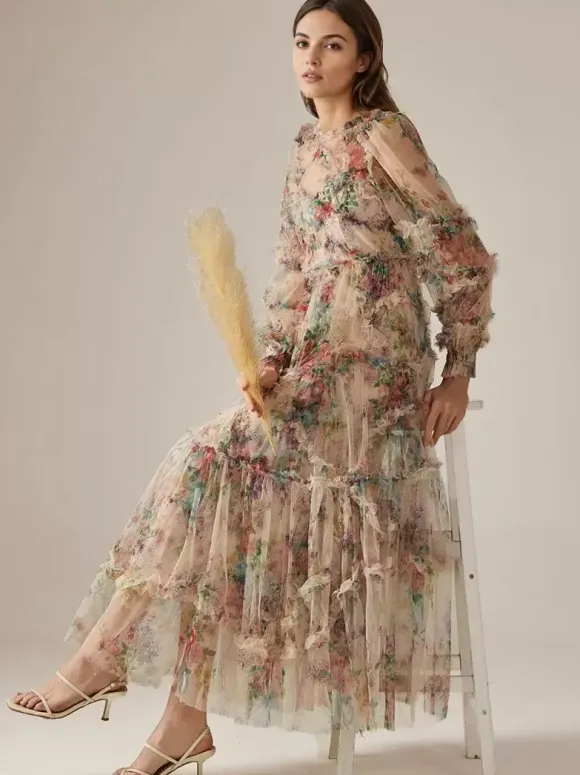 Party Dress Ruffles Layered Illusion Sleeves Elegant Folklore Long Dress