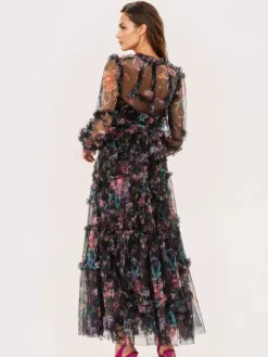 Party Dress Ruffles Layered Illusion Sleeves Elegant Folklore Long Dress