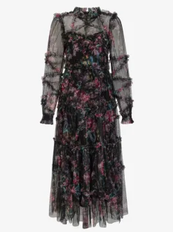 Party Dress Ruffles Layered Illusion Sleeves Elegant Folklore Long Dress