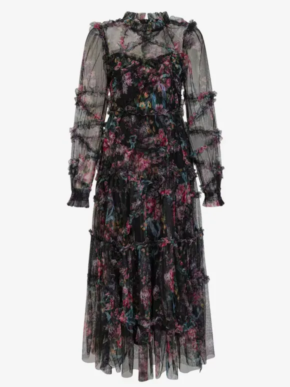 Party Dress Ruffles Layered Illusion Sleeves Elegant Folklore Long Dress