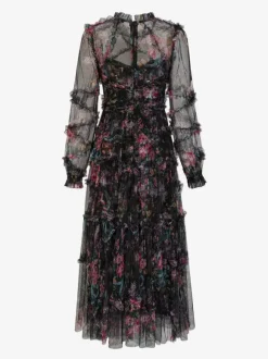 Party Dress Ruffles Layered Illusion Sleeves Elegant Folklore Long Dress
