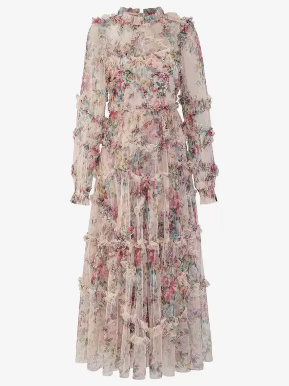 Party Dress Ruffles Layered Illusion Sleeves Elegant Folklore Long Dress
