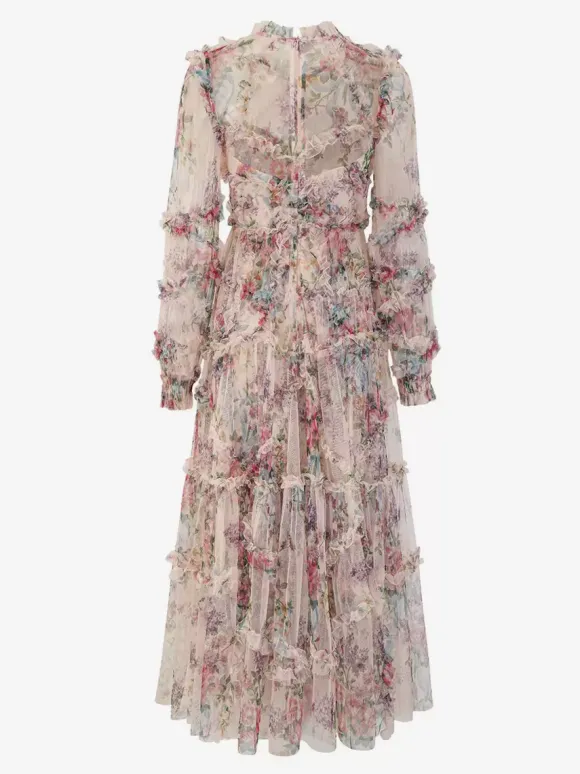Party Dress Ruffles Layered Illusion Sleeves Elegant Folklore Long Dress
