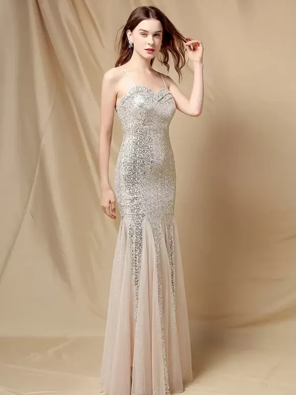 Party Dress Spaghetti Straps Tulle Sequins Elegant Long Mermaid Dress In Burgundy