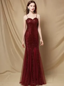 Party Dress Spaghetti Straps Tulle Sequins Elegant Long Mermaid Dress In Burgundy