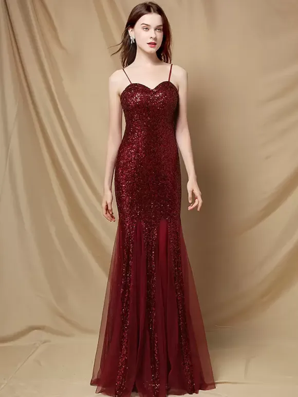 Party Dress Spaghetti Straps Tulle Sequins Elegant Long Mermaid Dress In Burgundy