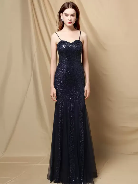 Party Dress Spaghetti Straps Tulle Sequins Elegant Long Mermaid Dress In Burgundy