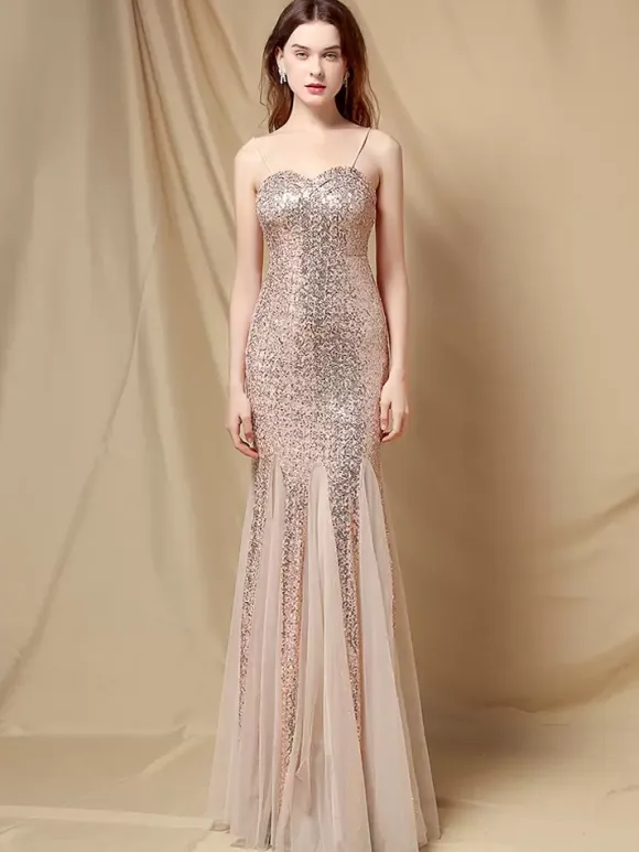Party Dress Spaghetti Straps Tulle Sequins Elegant Long Mermaid Dress In Burgundy