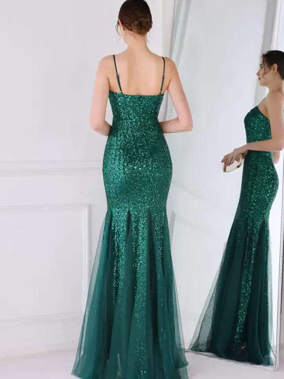 Party Dress Spaghetti Straps Tulle Sequins Elegant Long Mermaid Dress In Burgundy