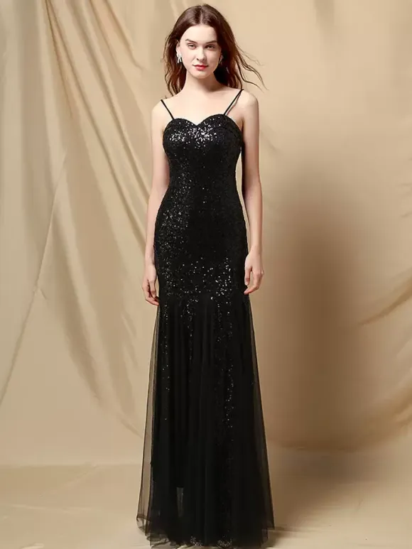 Party Dress Spaghetti Straps Tulle Sequins Elegant Long Mermaid Dress In Burgundy
