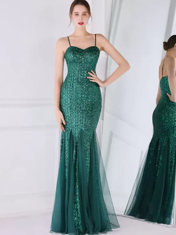 Party Dress Spaghetti Straps Tulle Sequins Elegant Long Mermaid Dress In Burgundy