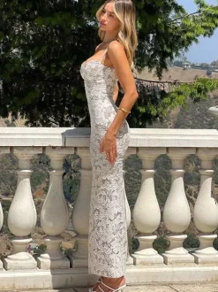 Party Maxi Dresses White Straps Neck Lace Sleeveless Backless Chic Semi Formal Dress