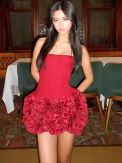 Party Two Piece Co-ord Set Bustier Corset And 3D Rose Mini Skirt Birthday Outfit For Women 2026