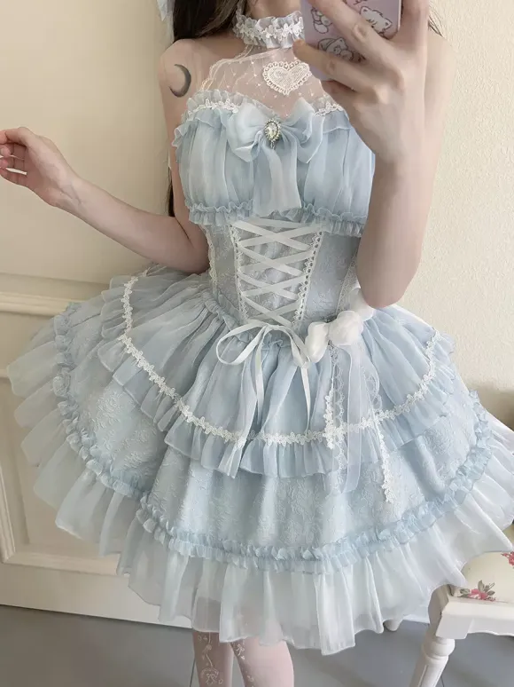 Pastel Gothic Lolita Dresses Ruffles Lace Up Pink White Romance Hime Lolita Dress