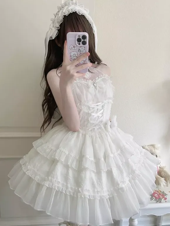 Pastel Gothic Lolita Dresses Ruffles Lace Up Pink White Romance Hime Lolita Dress