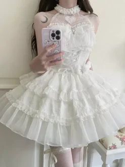 Pastel Gothic Lolita Dresses Ruffles Lace Up Pink White Romance Hime Lolita Dress