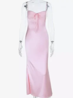Pastel Pink Coquette Slip Dress For Women - Bow Front Midi Cami Gown - Spring Date Night Outfits 2026