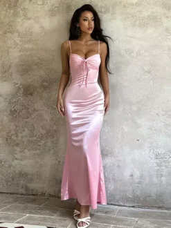 Pastel Pink Coquette Slip Dress For Women - Bow Front Midi Cami Gown - Spring Date Night Outfits 2026