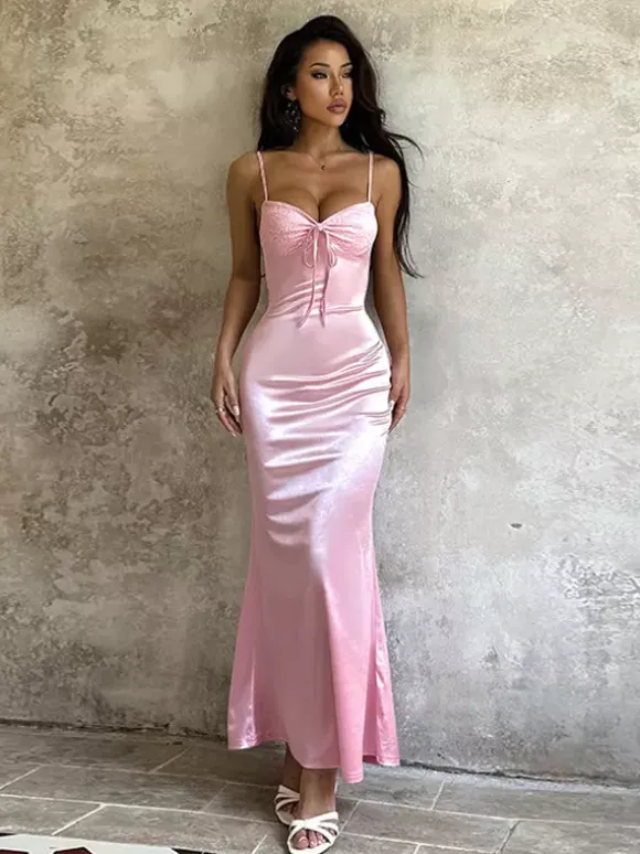 Pastel Pink Coquette Slip Dress For Women - Bow Front Midi Cami Gown - Spring Date Night Outfits 2026