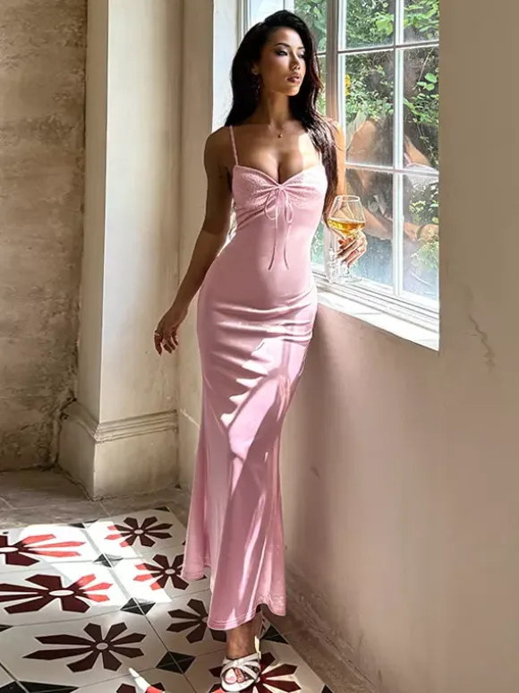 Pastel Pink Coquette Slip Dress For Women - Bow Front Midi Cami Gown - Spring Date Night Outfits 2026
