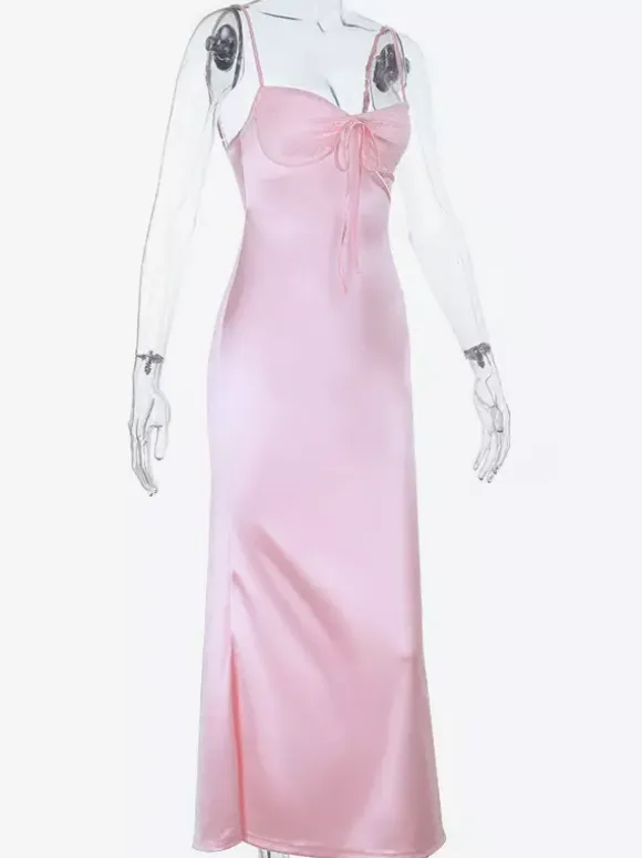 Pastel Pink Coquette Slip Dress For Women - Bow Front Midi Cami Gown - Spring Date Night Outfits 2026