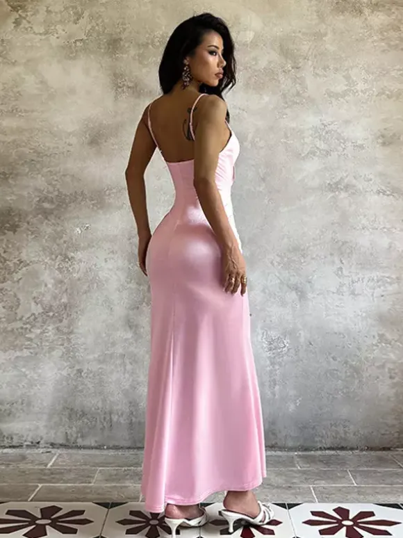 Pastel Pink Coquette Slip Dress For Women - Bow Front Midi Cami Gown - Spring Date Night Outfits 2026