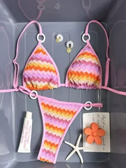 Pastel Gradient Wave Knit O-Ring Triangle Tie Side Bikini Swimsuit
