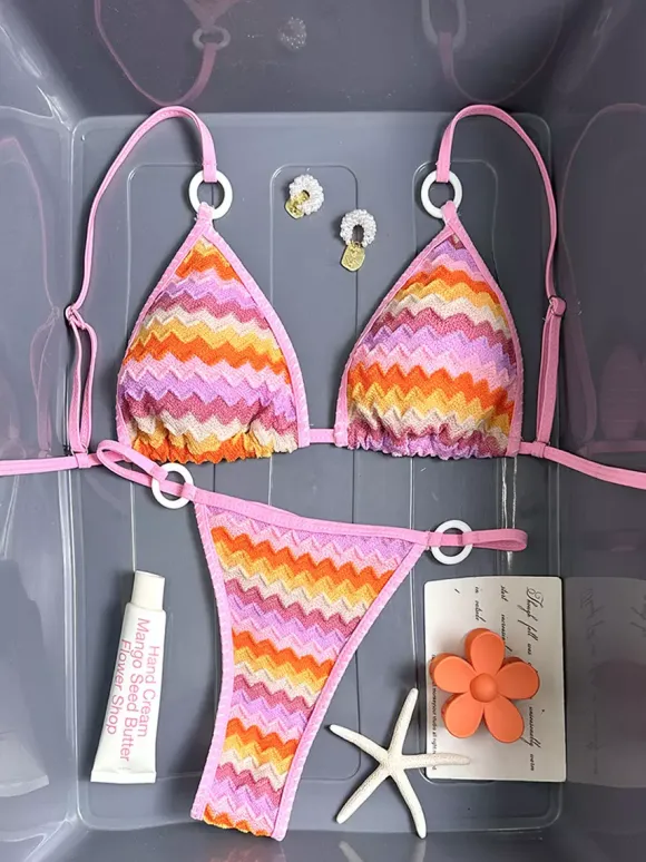 Pastel Gradient Wave Knit O-Ring Triangle Tie Side Bikini Swimsuit