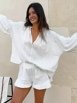Pastel Pink Blue White Oversized Linen Shirt Elastic Waist Ruffle Shorts Set