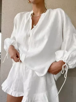 Pastel Pink Blue White Oversized Linen Shirt Elastic Waist Ruffle Shorts Set