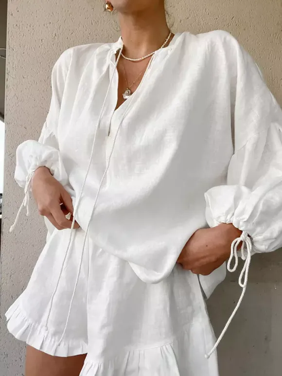 Pastel Pink Blue White Oversized Linen Shirt Elastic Waist Ruffle Shorts Set