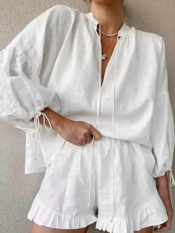 Pastel Pink Blue White Oversized Linen Shirt Elastic Waist Ruffle Shorts Set