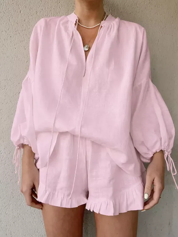 Pastel Pink Blue White Oversized Linen Shirt Elastic Waist Ruffle Shorts Set