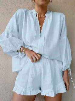 Pastel Pink Blue White Oversized Linen Shirt Elastic Waist Ruffle Shorts Set