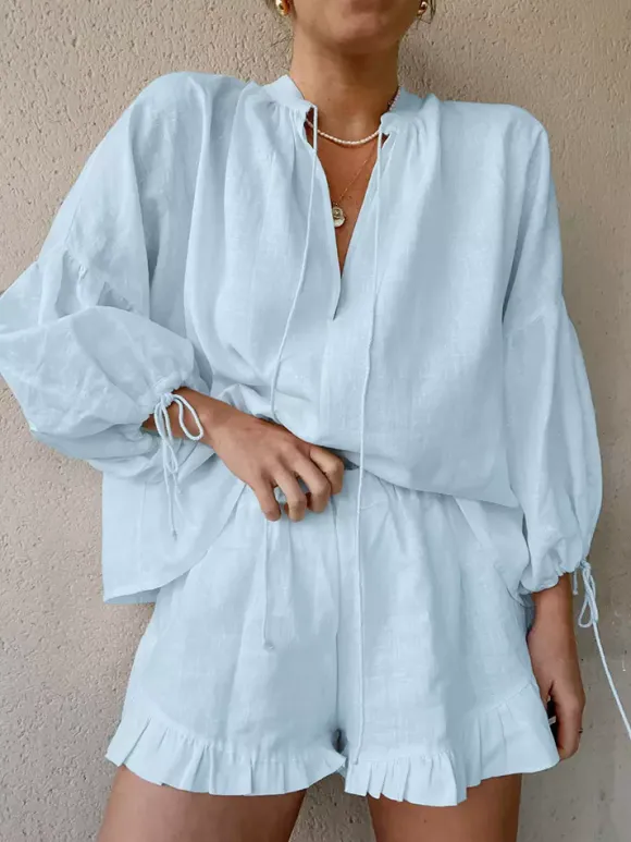 Pastel Pink Blue White Oversized Linen Shirt Elastic Waist Ruffle Shorts Set