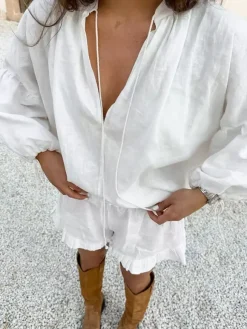 Pastel Pink Blue White Oversized Linen Shirt Elastic Waist Ruffle Shorts Set