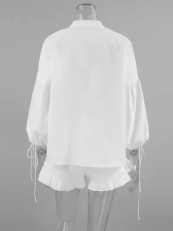 Pastel Pink Blue White Oversized Linen Shirt Elastic Waist Ruffle Shorts Set