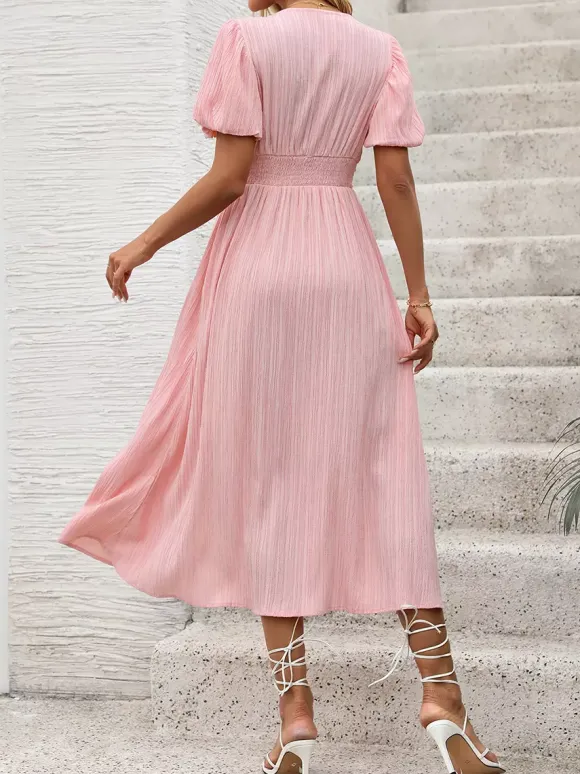 Pastel Pink Midi Tea Dress for Women - Puff Sleeve Ruched Bust Button Front High Waist Flare Dress - Summer Vacation 2026