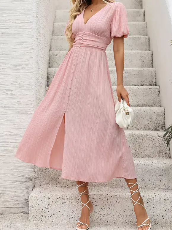 Pastel Pink Midi Tea Dress for Women - Puff Sleeve Ruched Bust Button Front High Waist Flare Dress - Summer Vacation 2026