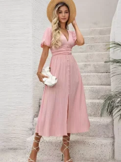 Pastel Pink Midi Tea Dress for Women - Puff Sleeve Ruched Bust Button Front High Waist Flare Dress - Summer Vacation 2026