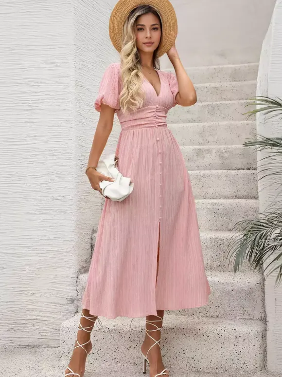 Pastel Pink Midi Tea Dress for Women - Puff Sleeve Ruched Bust Button Front High Waist Flare Dress - Summer Vacation 2026