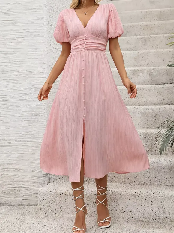 Pastel Pink Midi Tea Dress for Women - Puff Sleeve Ruched Bust Button Front High Waist Flare Dress - Summer Vacation 2026