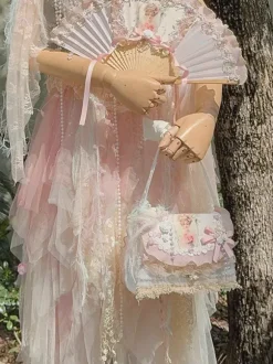Pastoral Style Lolita Bag Pink Polyester Applique Bows Polyester Fiber Cross-body Bag Lolita Accessories