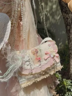 Pastoral Style Lolita Bag Pink Polyester Applique Bows Polyester Fiber Cross-body Bag Lolita Accessories