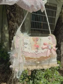 Pastoral Style Lolita Bag Pink Polyester Applique Bows Polyester Fiber Cross-body Bag Lolita Accessories