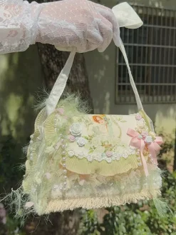 Pastoral Style Lolita Bag Pink Polyester Applique Bows Polyester Fiber Cross-body Bag Lolita Accessories