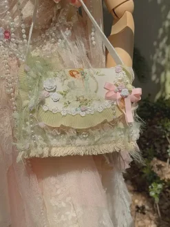 Pastoral Style Lolita Bag Pink Polyester Applique Bows Polyester Fiber Cross-body Bag Lolita Accessories