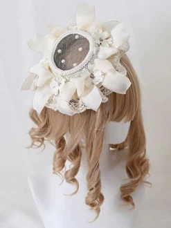 Pastoral Style Lolita Hat Pearls Flowers Lace Polyester Ivory Lolita Hats