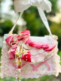 Pastoral Style Lolita Bag Pink Polyester Ruffles Chains Ombre Handbag Lolita Accessories