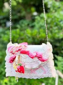 Pastoral Style Lolita Bag Pink Polyester Ruffles Chains Ombre Handbag Lolita Accessories